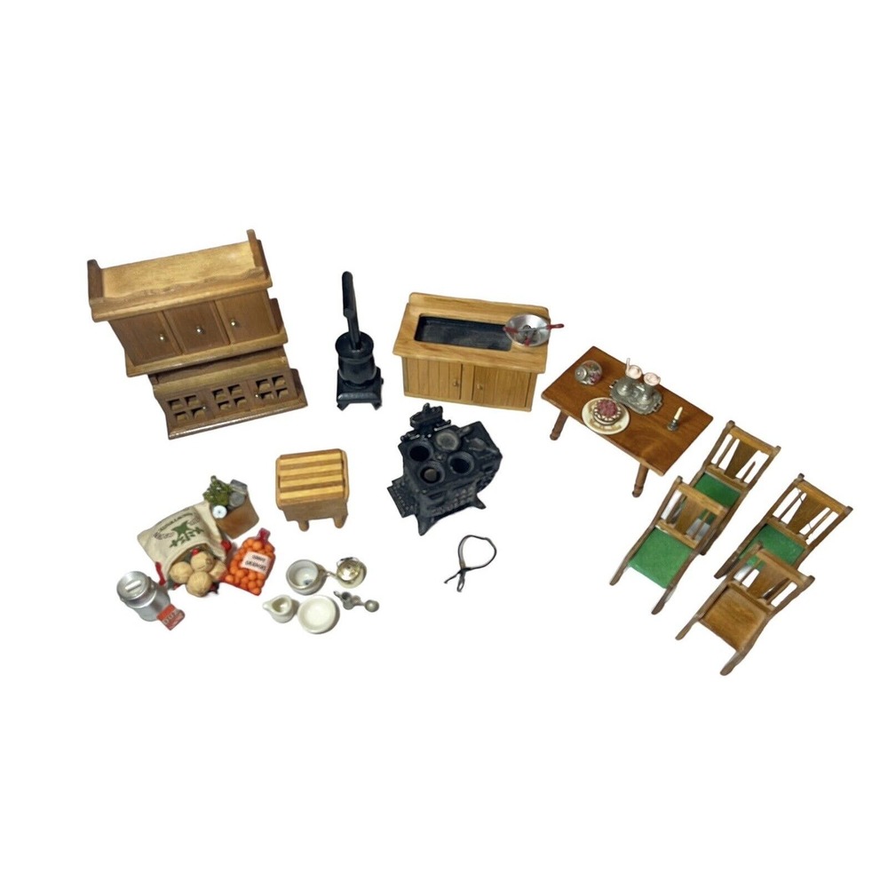 Vintage Miniature Dollhouse Furniture - Kitchen Lot Iron Stove Sink Pantry Cake
